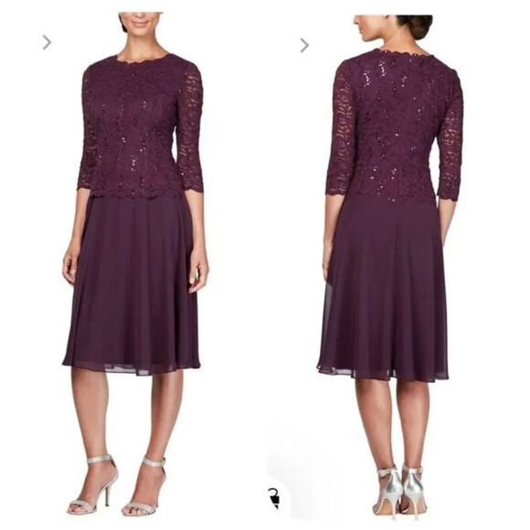 NWOT Alex Evenings Tea-Length Dress with Sequin Lace Bodice & Chiffon Skirt Sz 1 - Picture 1 of 11